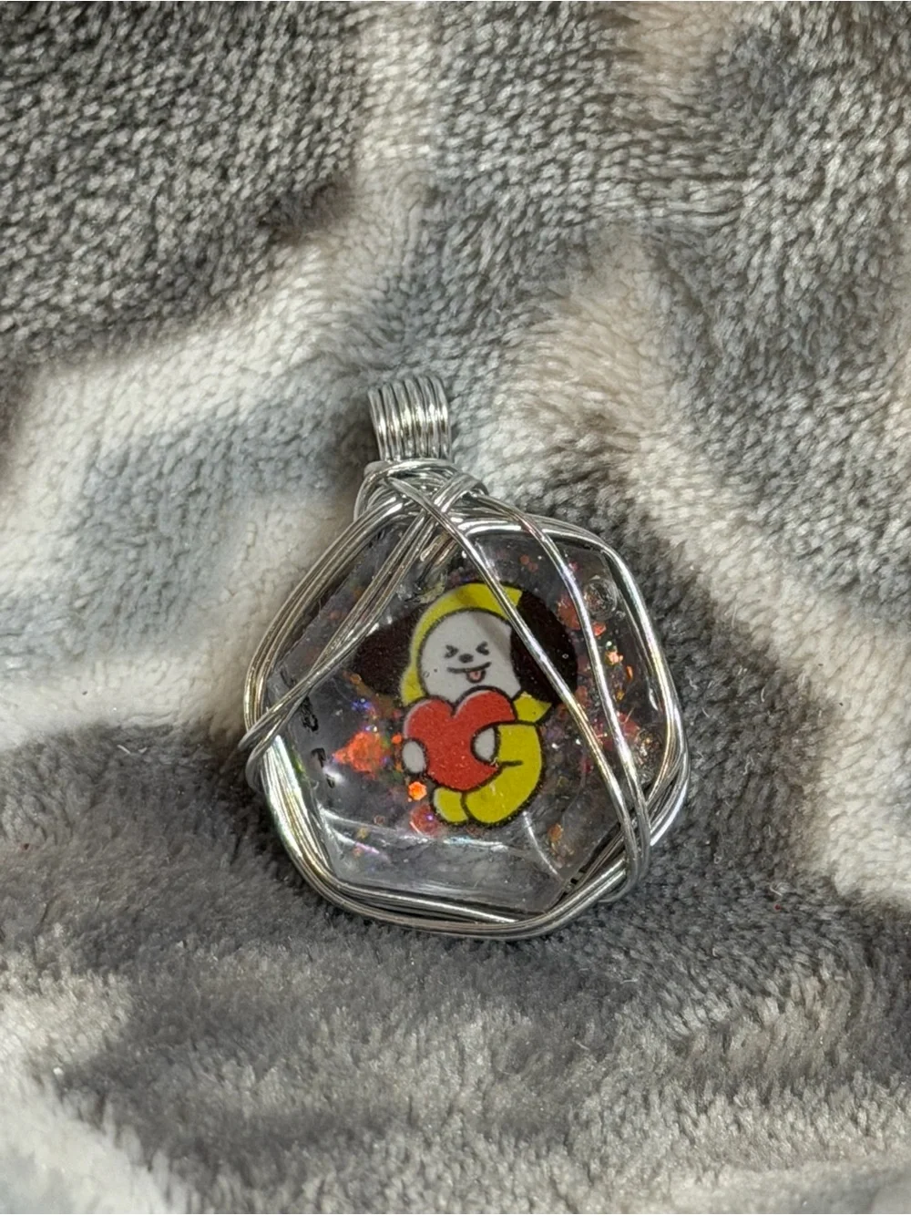 Silver Wire-Wrapped Pendant with Yellow Character and Red Heart K-pop inspired